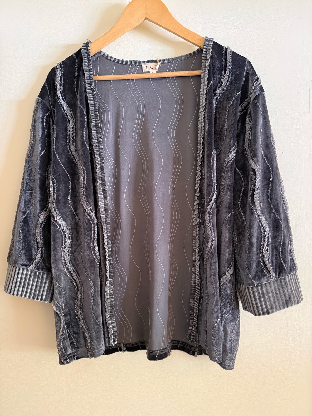 POL Gray Velvet Burnout Open Front Cardigan Textured Jacket Artsy Eclectic M